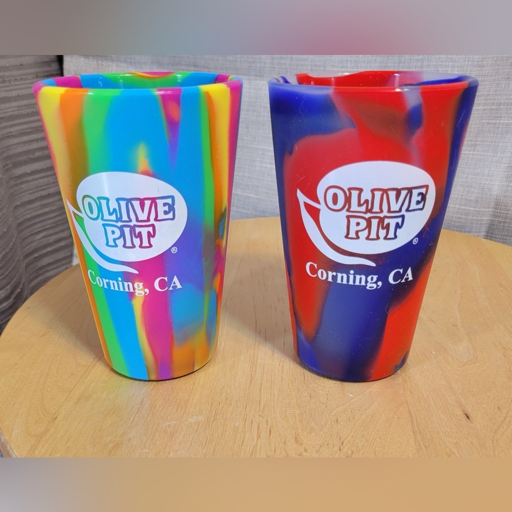 Two Olive Pit Corning CA Logo Silipint Pint Glasses